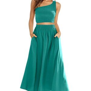 ANRABESS 2pc One Shoulder Smocked Crop Top & High Waist Long Skirt Dress Set